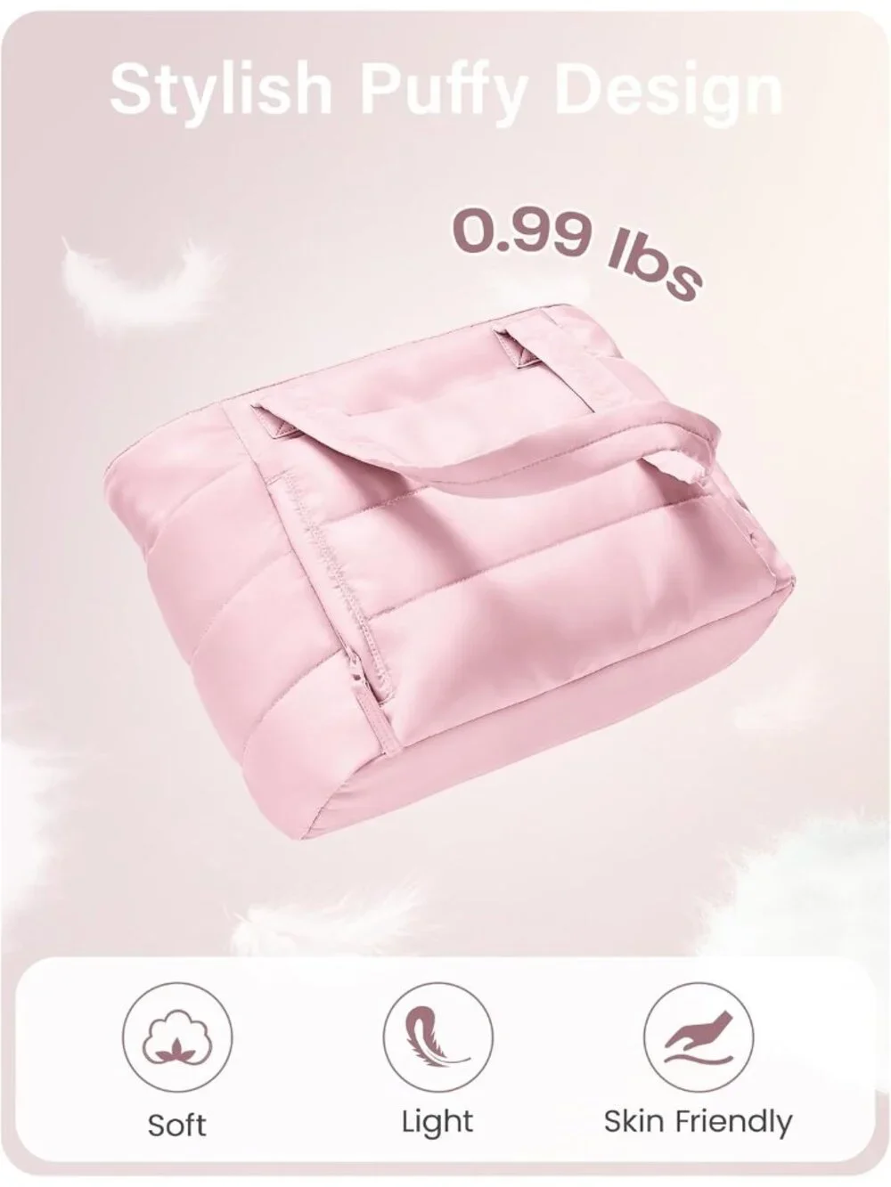 👜Women's Light Pink Quilted Puffer Tote Bag Zipper Work Bag With Compartments
